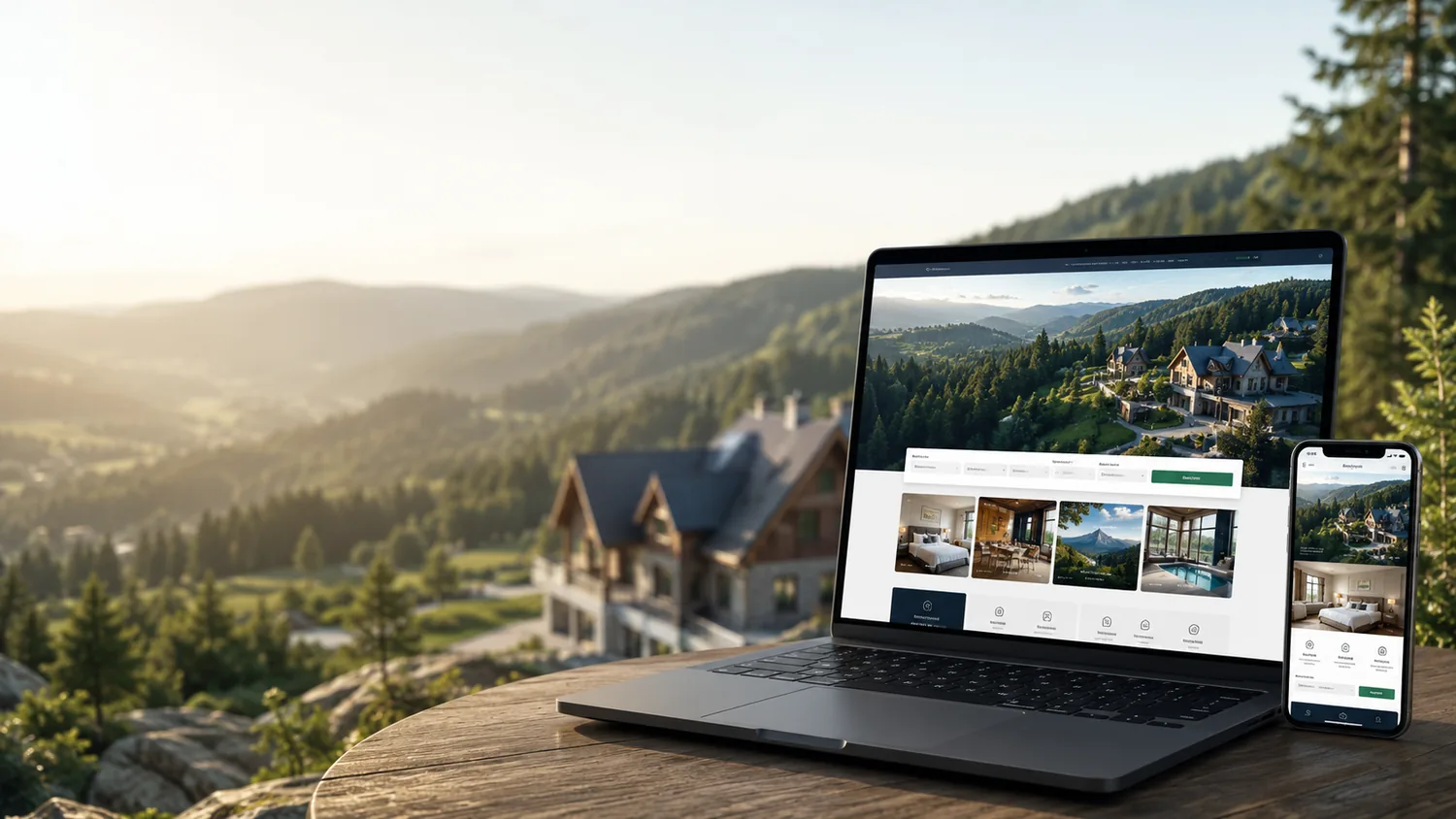 Ukázka moderního webu penzionu na notebooku a mobilu v horské krajině